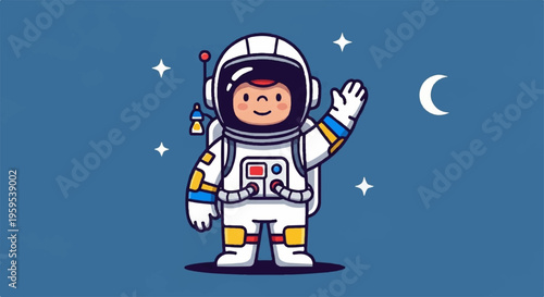 Astronaut cartoon character in space with moon and stars smiling and waving in white suit