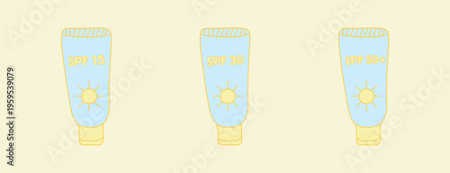 A set of packaging with a care product containing SPF 15, 30 and 50+ in yellow and blue colors. Sun protection