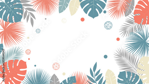 Bright tropical leaf border on a white background with monstera palm and abstract shapes for a clean summery aesthetic.