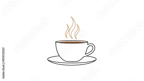 Illustration of a steaming cup of coffee on a white saucer isolated on a plain background for breakfast or cafe themes.