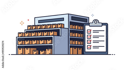 Modern warehouse building icon with stacks of boxes and a checklist on a clipboard for inventory management and logistics service.