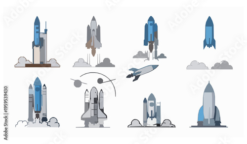 Rocket launch and landing stages flat outline vector set with spacecraft startup concept isolated on white background