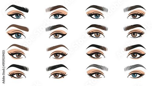 Collection of various female eye shapes and eyebrow styles with different makeup looks and iris colors, perfect for beauty and cosmetic references.