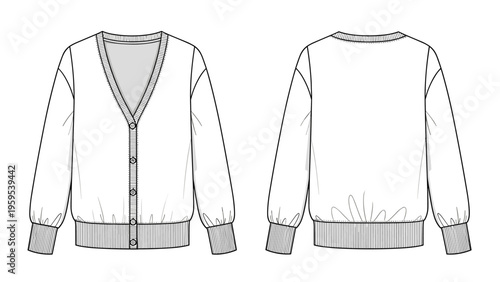 Knitted V-neck cardigan mockup displaying front and back views with button details and ribbed edges, suitable for fashion design and apparel catalogs.