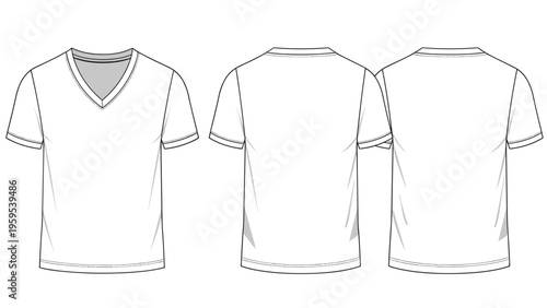 White V-neck t-shirt template set including front and two back views, perfect for displaying custom designs on a classic short-sleeved cotton garment.