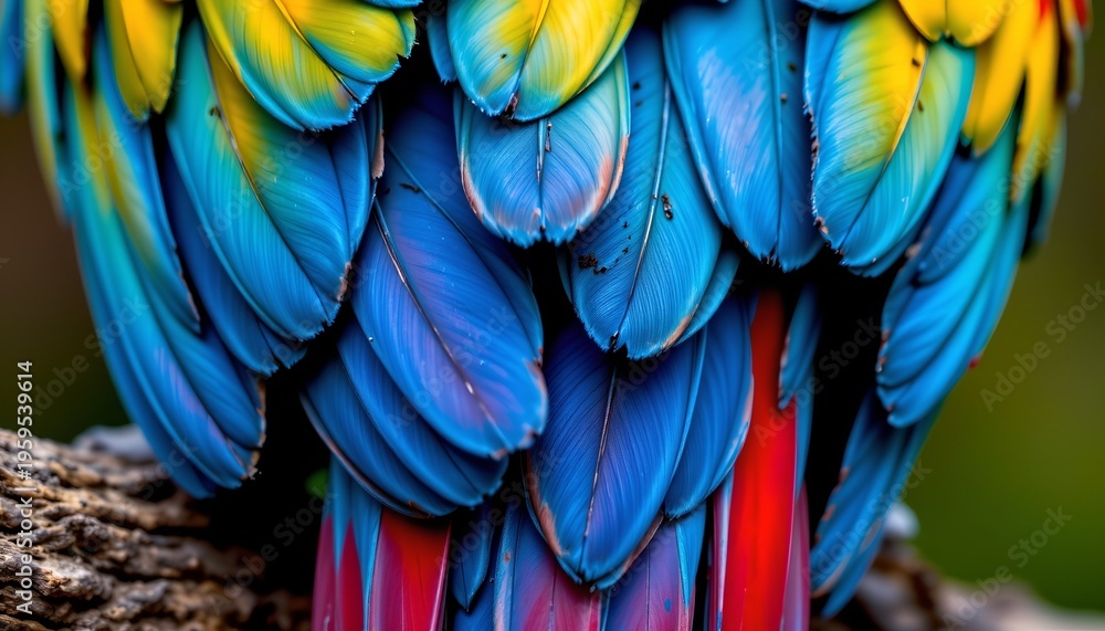 Obraz premium A close up view of a collection of vibrant, colorful feathers forming a dense arrangement. The feathers display shades of blue, yellow, and red, with intricate details and smooth textures