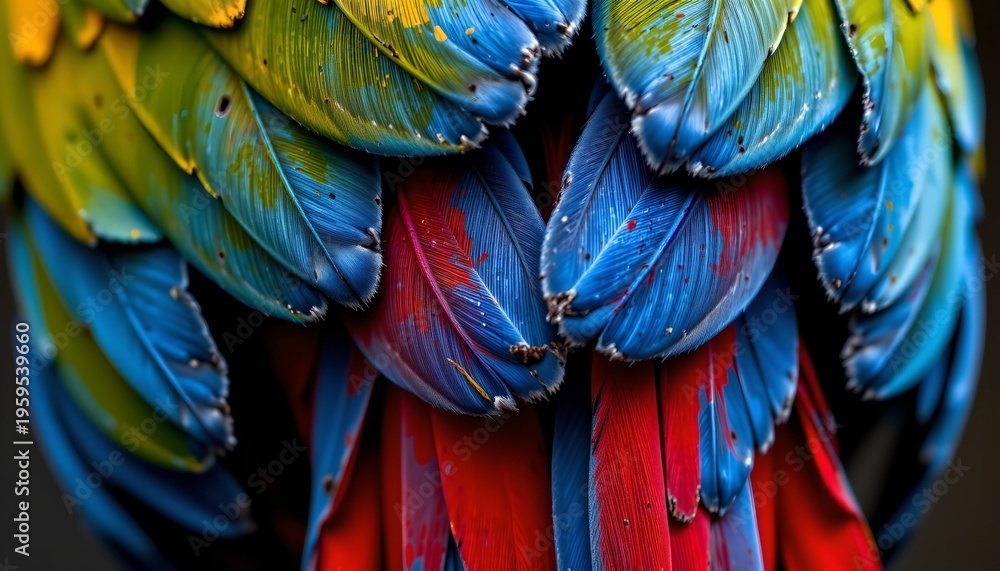 Obraz premium The image showcases a close up of a collection of vibrantly colored feathers arranged in a layered pattern