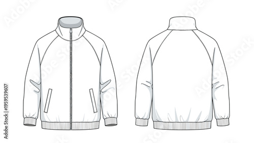 White zip-up track jacket mockup featuring front and back views with a high collar and ribbed cuffs, ideal for sports and casual wear design.
