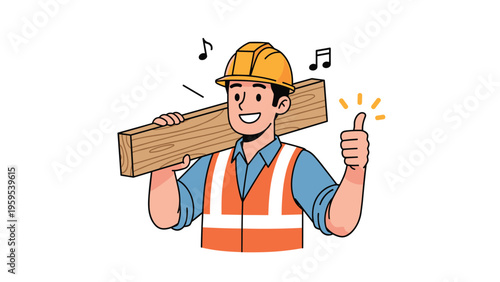 Happy construction worker in a safety vest and hard hat carrying a wooden plank while giving a thumbs up, representing teamwork and building.