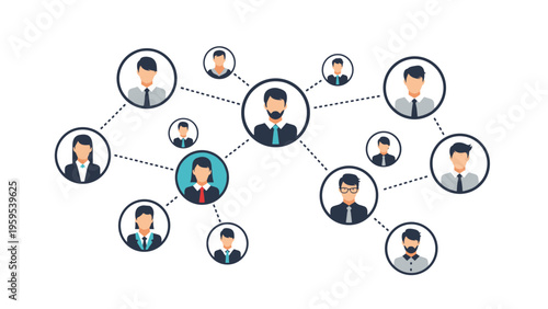 Social networking diagram showing various male and female avatars connected by dashed lines, illustrating professional or personal connections.
