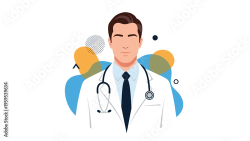 Professional male doctor avatar wearing a white lab coat and a stethoscope over a shirt and tie, set against a modern abstract background.
