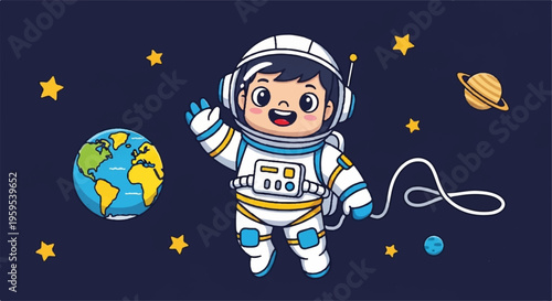 Cute cartoon astronaut in space with earth and stars smiling and waving in white and blue suit