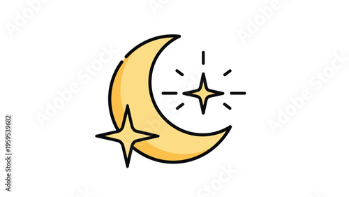 Yellow crescent moon icon with two stylized twinkling stars, representing night time, sleep, or astronomical themes in a clean vector style.