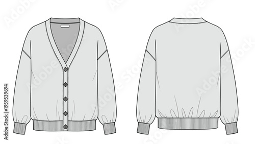 Light grey V-neck cardigan mockup showing front and back views with button closure and ribbed details, suitable for winter apparel templates.