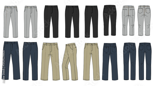 Comprehensive collection of various trouser and pant mockups in different colors like grey, black, navy, and beige for apparel design templates.