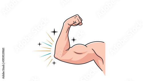 Cartoon illustration of a powerful flexed bicep muscle with decorative stars representing strength and fitness achievements.
