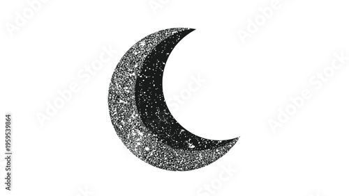 Sparkling silver glitter crescent moon silhouette isolated on a plain white background for celestial and mystical design projects.