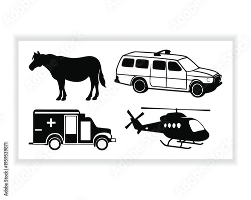Emergency Service Icon Set, Ambulance Police Fire Rescue Vehicles Vector Collection for Safety and Medical Design
