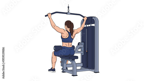 Muscular woman performing lat pulldown exercise on a gym machine shown from a rear view perspective for fitness and workout concepts.