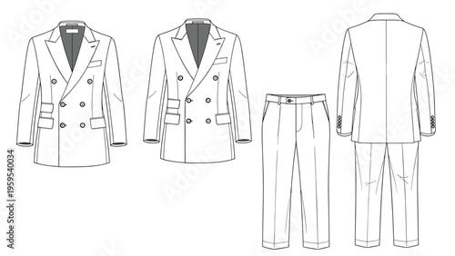 Formal white double breasted suit technical drawing including jacket and trousers for menswear fashion design and production.