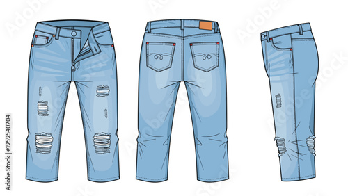 Fashion technical drawing of women's ripped light blue denim jeans showing front back and side views for apparel manufacturing.