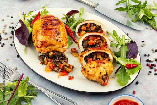 Mediterranean Stuffed Squid Sliced and Served with Greens