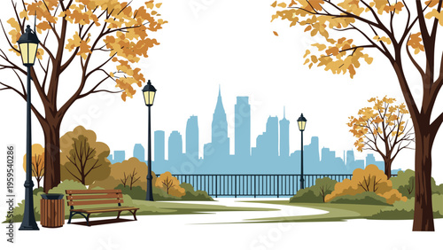 Peaceful autumn city park scene with wooden benches street lamps and distant skyscrapers under a clear sky for urban landscape concepts.