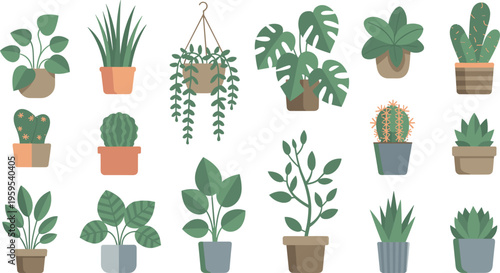 Large flat vector illustration set of various indoor houseplants and succulents in pots for home decor and urban jungle interior design.