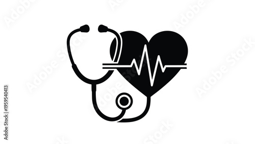 Stethoscope and heart with a heartbeat line silhouette icon on a white background symbolizing medical checkups and cardiovascular health.