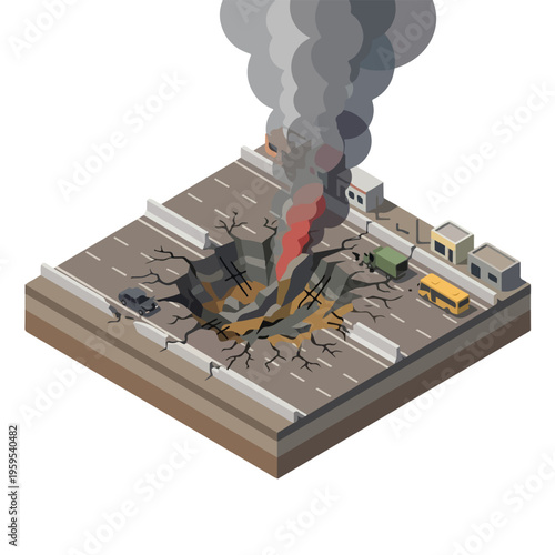 vector isometric condition of damaged road with holes due to missile attack 05