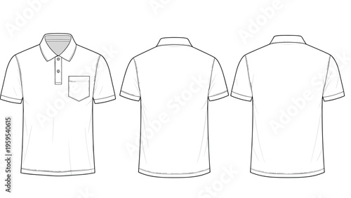 Technical flat sketch of a white short sleeve polo shirt with a chest pocket shown from front and two back views for apparel design.