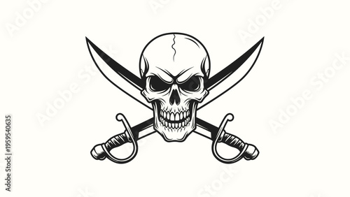 Black and white pirate symbol illustration featuring a human skull and crossed cutlass swords for adventure and nautical themes.