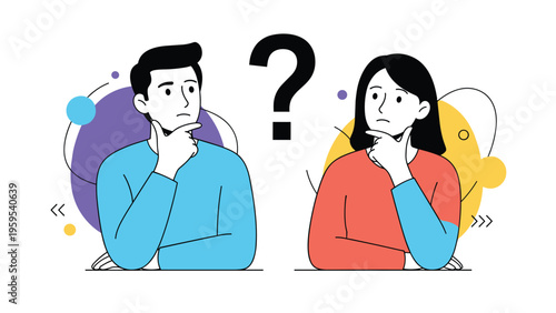 Man and woman in professional attire thinking with a large question mark between them representing teamwork and decision making.