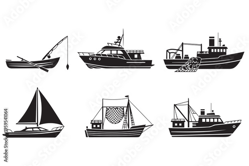 Fishing Boats and Nautical Vessels Silhouette Vector Icon Set