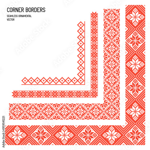 Decorative corner borders inspired by traditional Belarusian folk ornament. Geometric ethnic motifs arranged in symmetrical corner compositions. Clean flat vector elements