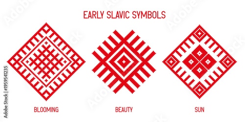 Set of early Slavic symbols inspired by pagan traditions. Ancient geometric signs representing blooming, beauty and sun in traditional red and white colors. Clean vector illustration