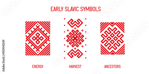 Set of early Slavic symbols inspired by pagan traditions. Ancient signs representing energy, harvest and ancestors in traditional red and white colors. Clean geometric vector illustration