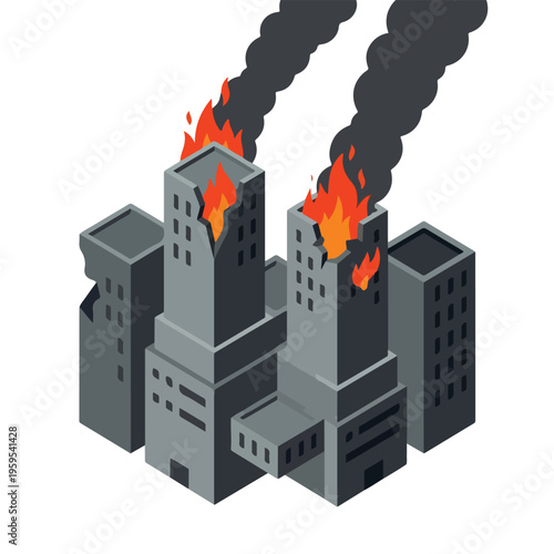 vector isometric condition of a city on fire 10