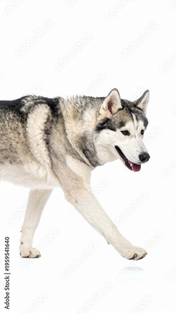Fototapeta premium Siberian Husky walking on a white background, showcasing its majestic fur and playful demeanor.