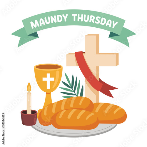 Flat cartoon style of Maundy Thursday with bread and wine