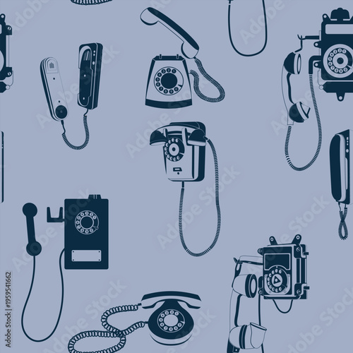 Seamless texture with vintage telephones. Vector.