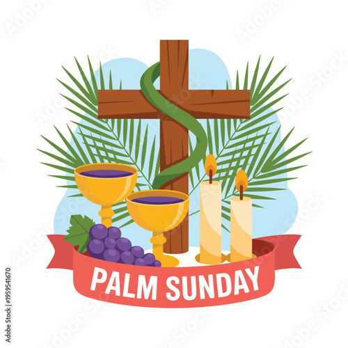 Flat cartoon style of Palm Sunday with palm leaves and chalice