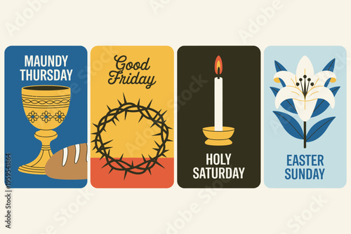 Four illustrated Easter holiday cards Maundy Thursday Good Friday Holy Saturday Easter Sunday