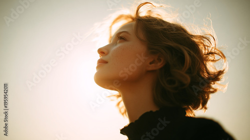 Woman looking up toward sunlight, hope and future concept