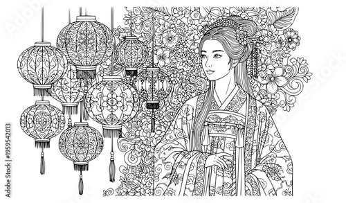 Chinese Traditional Dress Girl with Lantern Coloring Page Vector Illustration