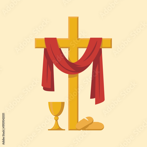 Golden chalice with red wine and bread on white background