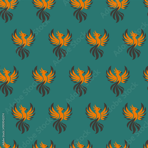 Phoenix seamless pattern with mythical fire bird on teal background vector illustration.