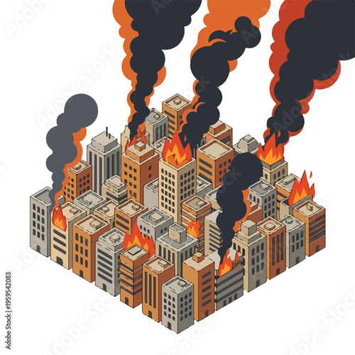 vector isometric condition of a city on fire 5