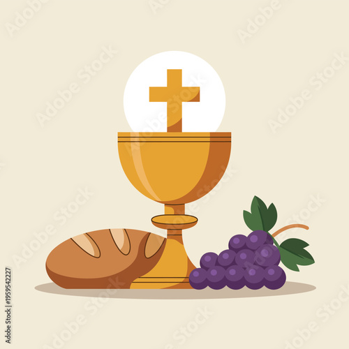 Minimal golden chalice with purple grapes and cross symbol