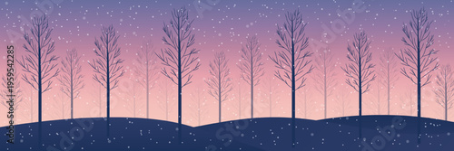 Winter forest landscape with falling snow and bare trees vector illustration.